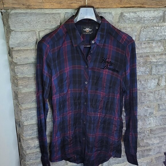 Harley Davidson Plaid Metallic Button Up Shirt Womens Medium Roses Navy Blue - Picture 6 of 10